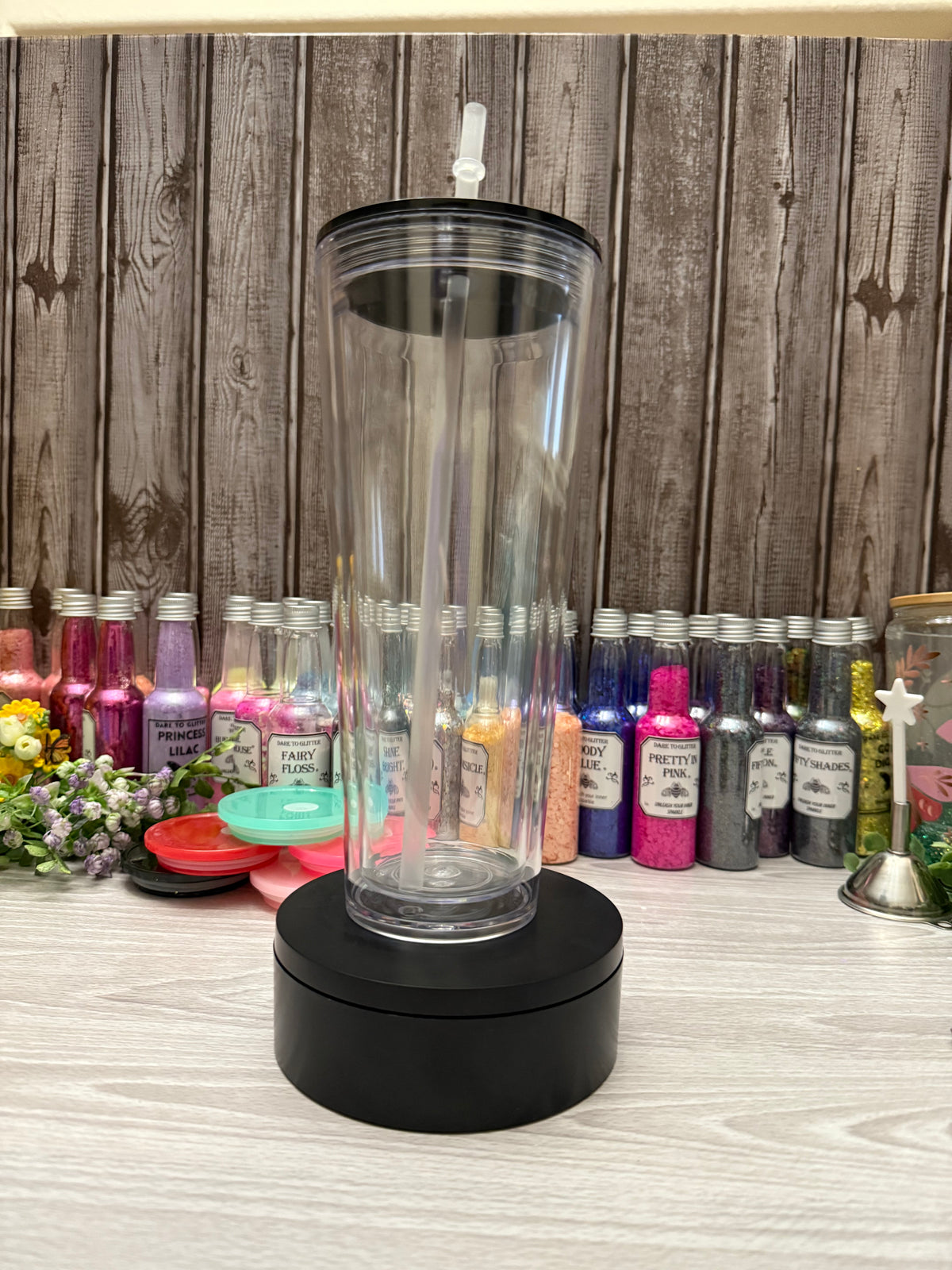 24 oz tapered snow globe tumbler with straw and black lid