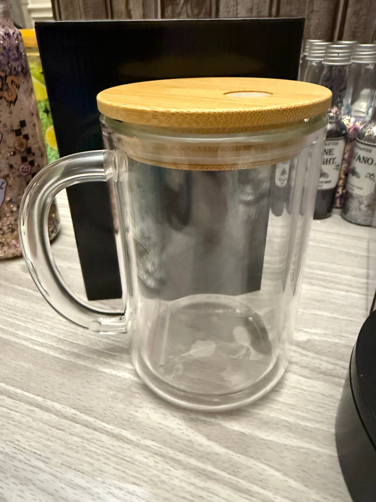 15 oz glass snow globe mug with bamboo lid and straw