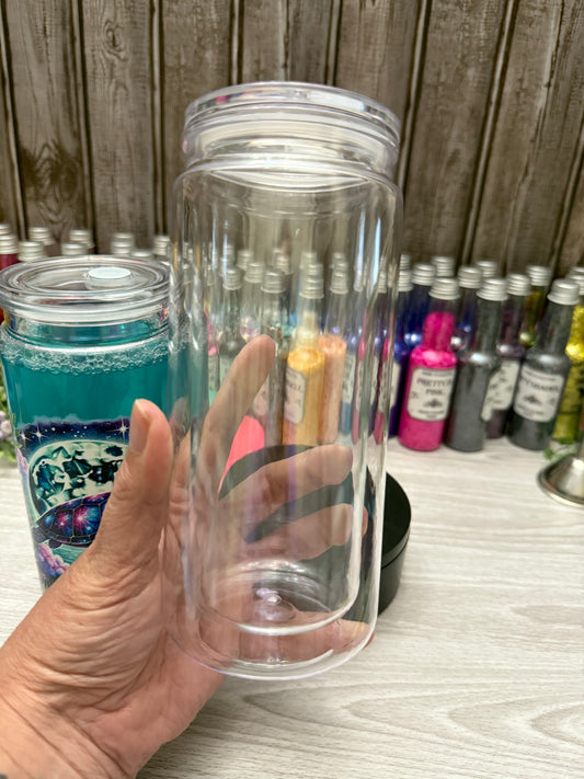 20 oz acrylic can style snow globe tumbler with clear lid and straw