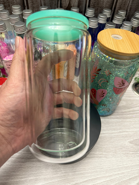 16 oz glass snow globe tumbler with bamboo lid and straw